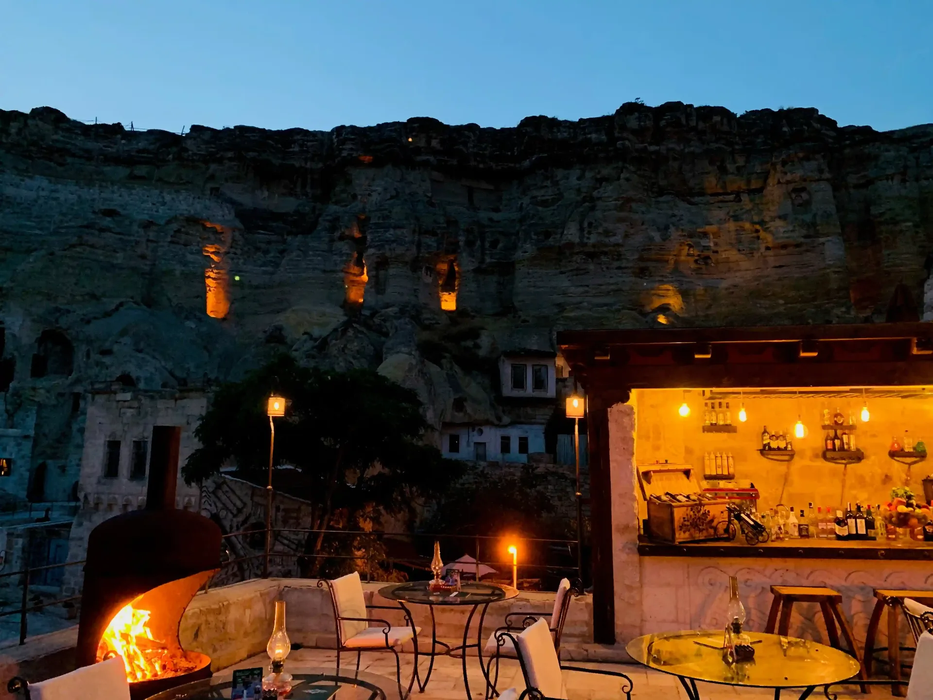 Cave hotel terrace at night